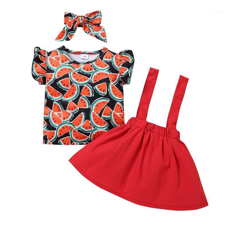 

0-3Y Summer Fashion Infant Baby Girls Clothes Sets 3pcs Watermelon/Pineapple Printed T Shirts Suspender Dress+Headband Clothing, White