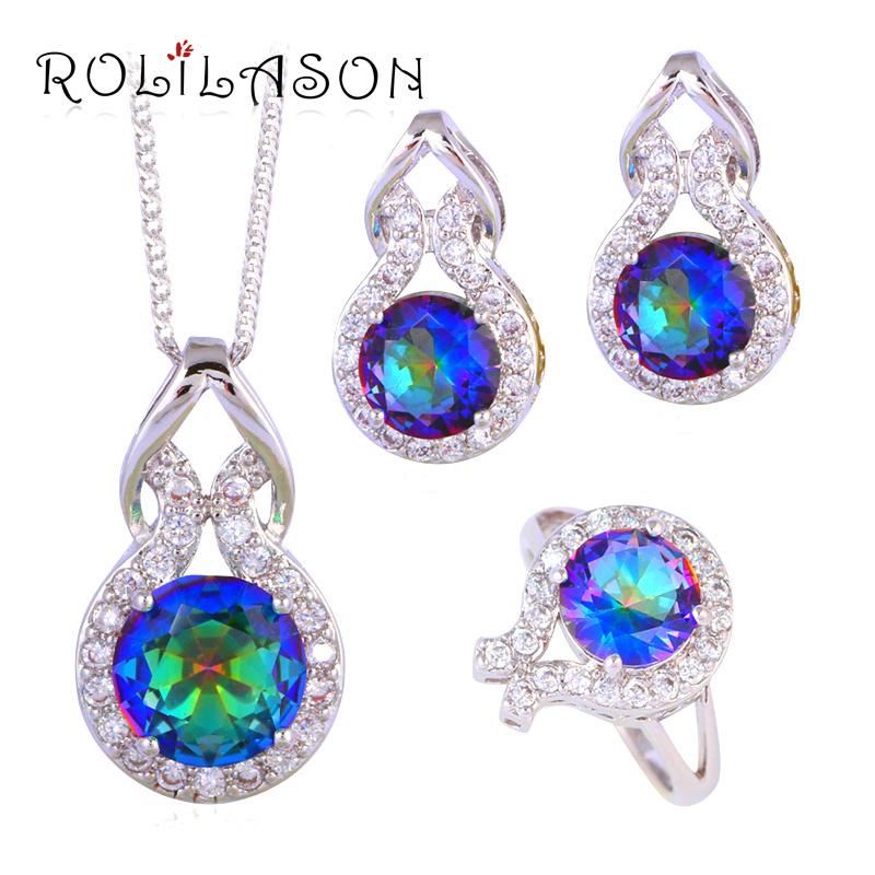 

Earrings & Necklace Stamped Clip Pendant Rings Anniversary Rainbow CZ Fashion Jewelry Set JS621, As pic