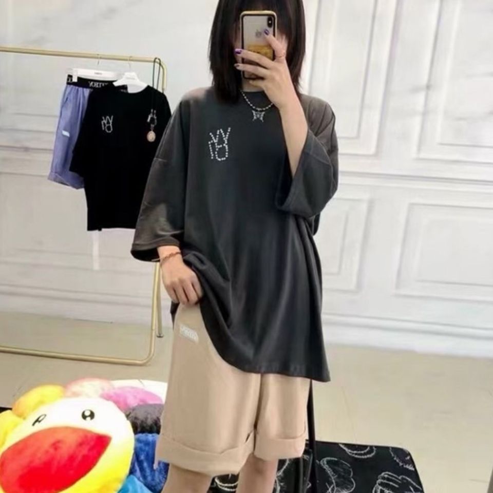 

men and women summer letters pearl hot diamond loose breathable round neck everyday short-sleeved T-shirts, As pictures