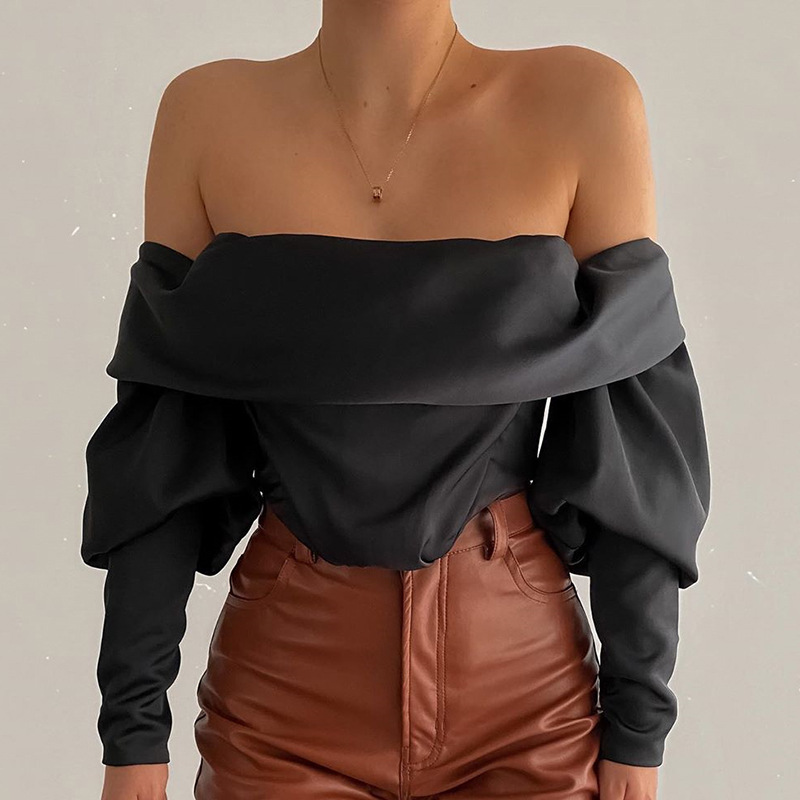 

Off Shoulder Satin Bla Women Tops and Blouses Shirts Elegant Staed Sleeve Shirts Sexy Baless Top Croppedhigh quality, Black