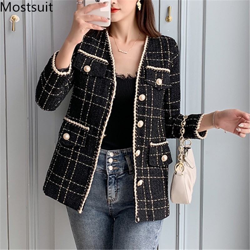 

Autumn Black Elegant Vintage Plaid Women Coats Jackets Long Sleeve Single-breasted V-neck Tops Fashion Korean Ladies 210518