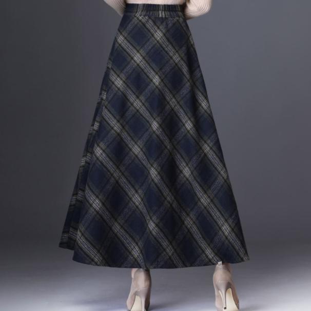 

Skirts Skirt Womens 2021 Autumn Winter Plus Size 3XL Elegant Tall Waist Fashion Plaid Wool Cloth Long Clothing AQ698, Blue