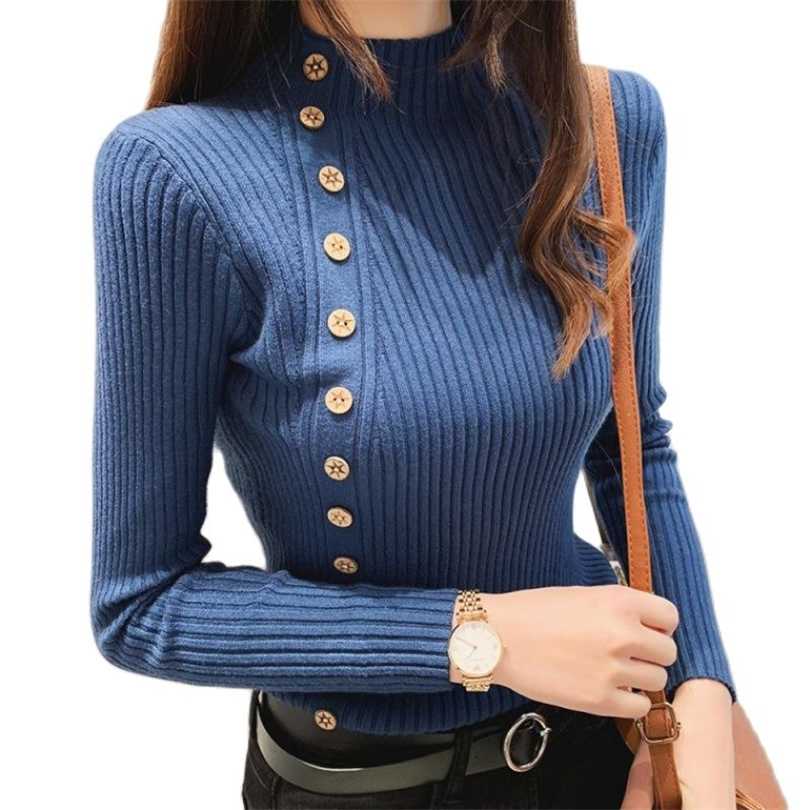 

Winter Ribbed Button Women Pullovers Cotton Long sleeve Schoolgirl Turtleneck Sweaters Autumn Soft Comfortable Stretch Jumpers 211018, Yellow