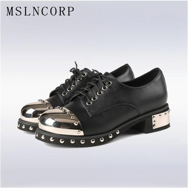 

Plus Size 34-43 Retro Genuine Leather Oxfords Women Shoes Lace Up Metal Rivet Round Toe Handmade Zapatos Mujer Casual Dress, Black