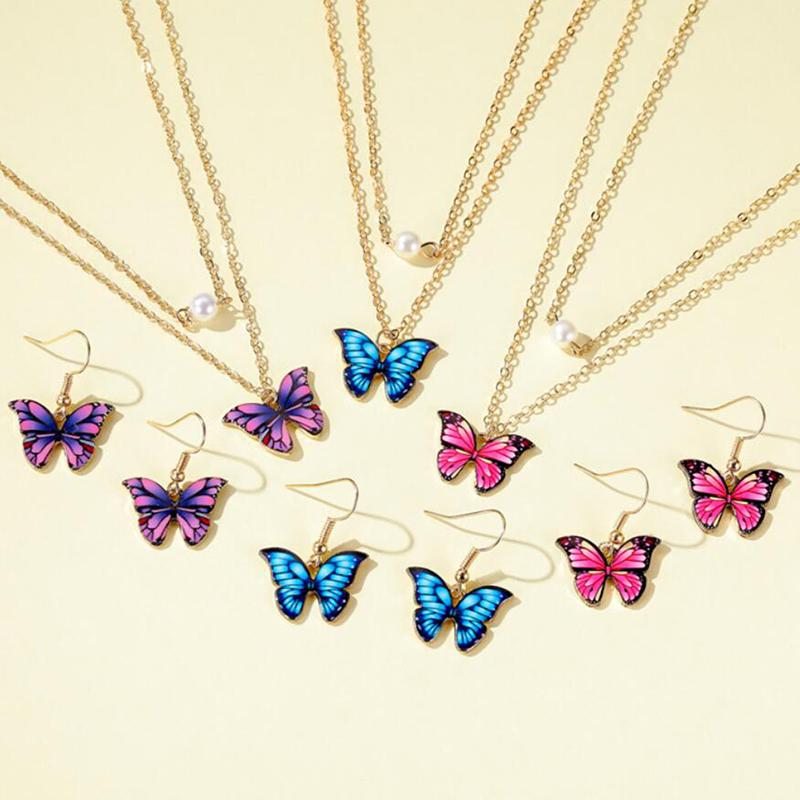 

Earrings & Necklace Colorful Butterfly Pearl Double Layer Drop Jewelty Set, Silver