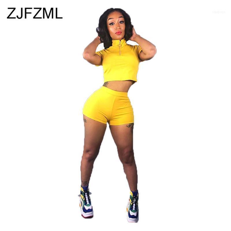 

Neon Green Yellow Sexy 2 Piece Outfits For Women Stand Collar Short Sleeve Crop Top And Biker Shorts Summer Two Tracksuit Women's Tracksuits, Gray