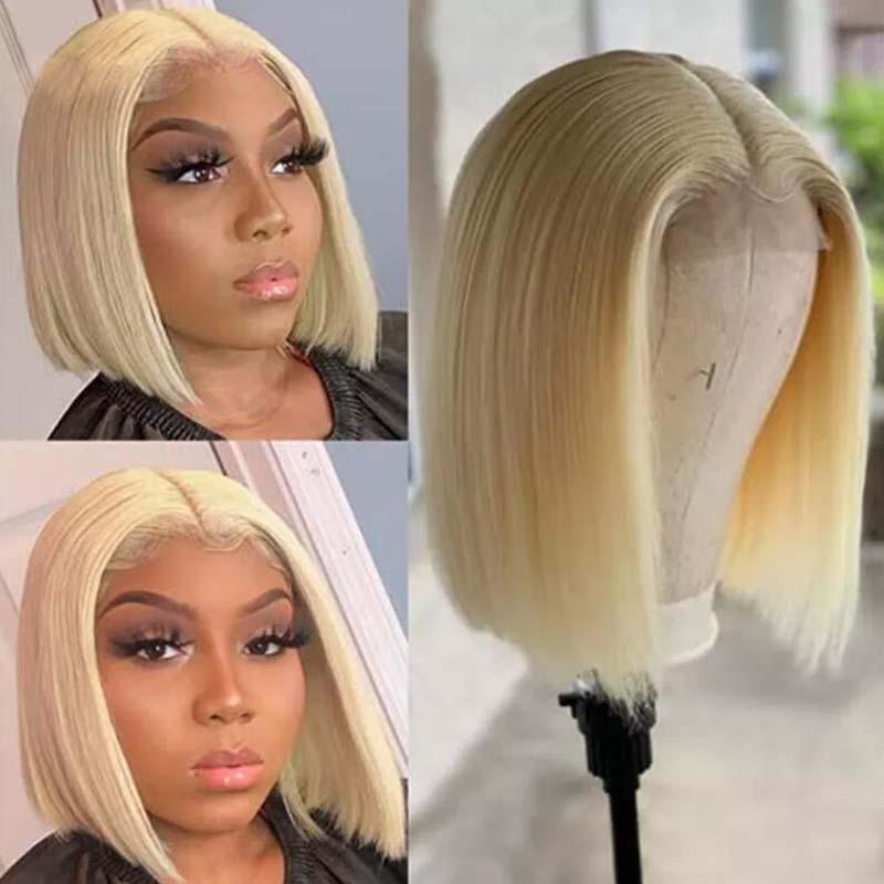 

4x4 Lace Closure Blonde Bob Wig Blonde Closure Wig Remy Human Hair Straight Short Bob Wig Middle Part Seamless Lace Front Wig, As the picture shows