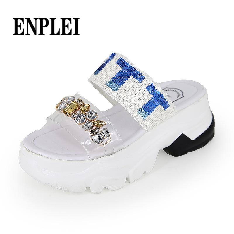 

Slippers ENPLEI Summer Women Platform Sandals 5CM Rhinestone Glitter 2021 Fashion Women's Chunky Sandal Woman Casual Shoes Silver 35-39, Black
