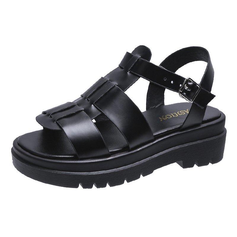 

Sandals Female Summer Influx Of 2021 Students Ins Wild Harajuku Style Thick Crust Muffin Increased Movement Flat Rome Dress Shoes, Black