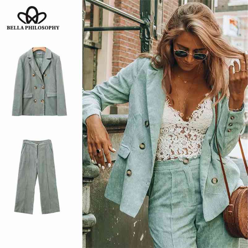 

autumn highstreet corduroy blazer pants warm jacket office lady velvet long sleeve ladies coat suits 210519, Khaki