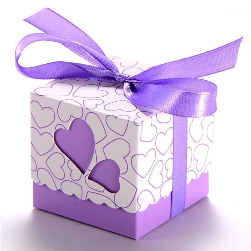 

Gift Wrap 100pcs Novelty Double Hollow Love Heart Design Wedding Favor Candy Boxes With Ribbons (Purple)