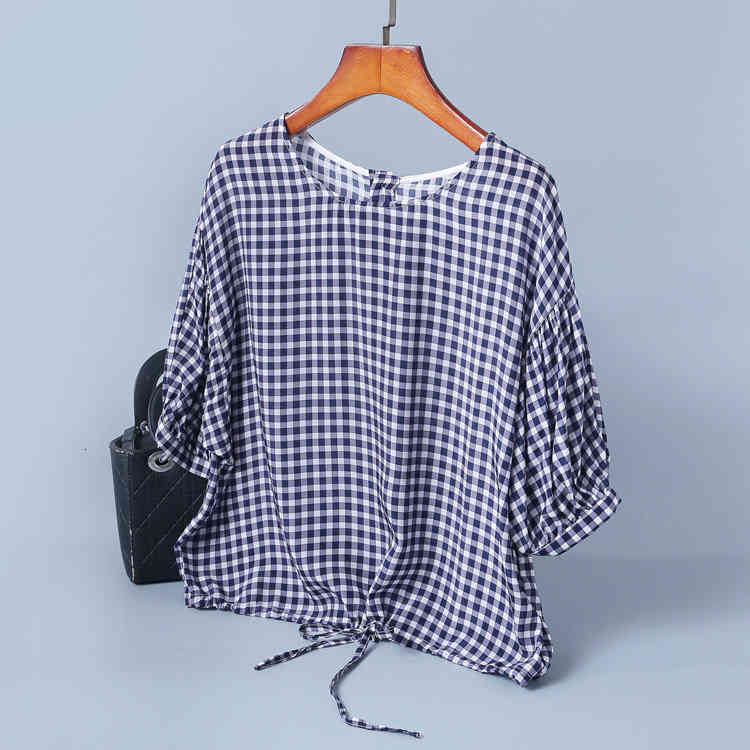 

Women' T-Shirt Lace up Plaid silk T-shirt feminine print irregular top women' 2029 summer boutique fashion wear 445B