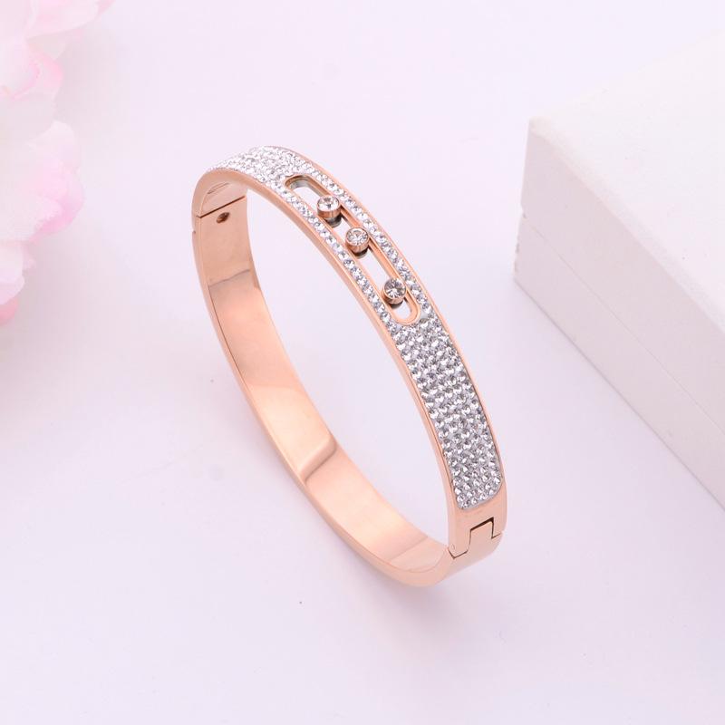 

Bangle Bracelet Titanium Steel Movable Three Diamonds Rose Gold Women's Stainless Jewelry