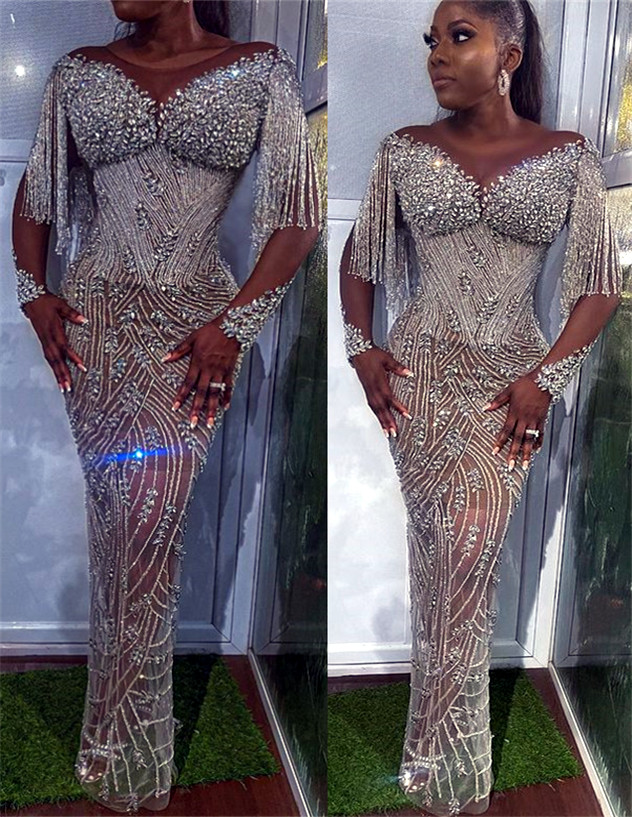 

2021 Plus Size Arabic Aso Ebi Silver Luxurious Sexy Prom Dresses Beaded Crystals Sheer Neck Evening Formal Party Second Reception Gowns Dress ZJ696, Red