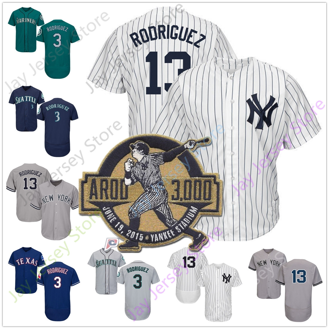 

13 Alex Rodriguez Jersey Vintage 3000th Hit Patch Blue Green Grey Navy Player Pinstripe Fans Women Size S-3XL, Gold