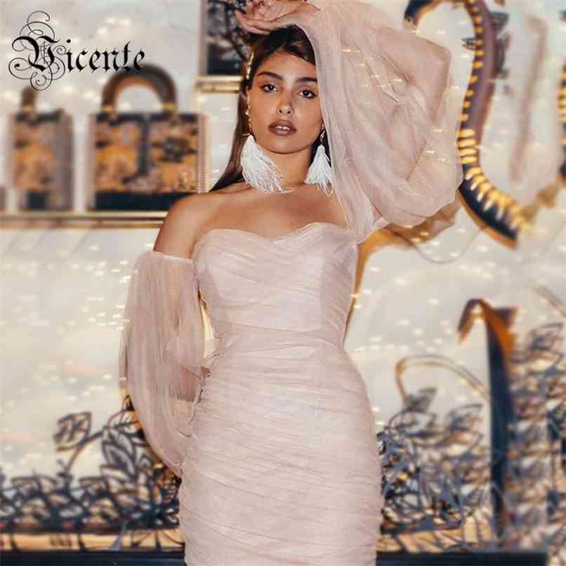 

Trendy Draped Voile Design Mini Dress Sexy Off Shoulder Long Sleeves Celebrity Party Bandage 210520, Beige pink