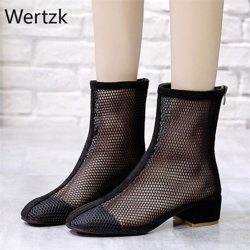 

Women's High Heels Autumn Ins Wild After Zipper Thick Heel Short Boots Mesh Gauze Hollow Female, Black