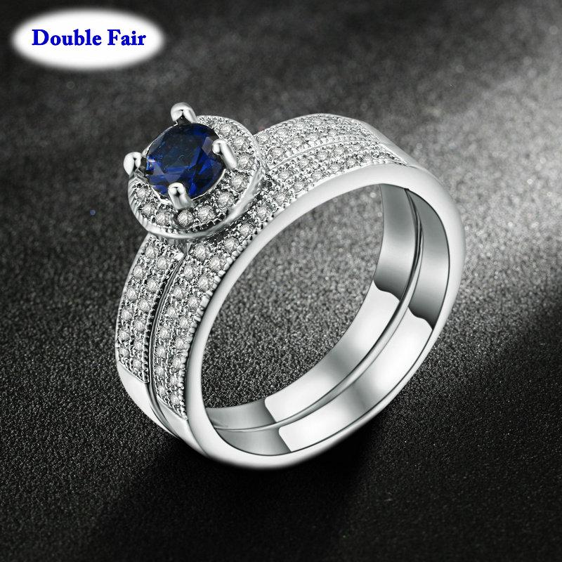 

Cluster Rings Silver Color Blue Stone Ring Set Fashion Wedding & Engagement Jewelry For Women With Austrian Crystal DWR506, Golden;silver