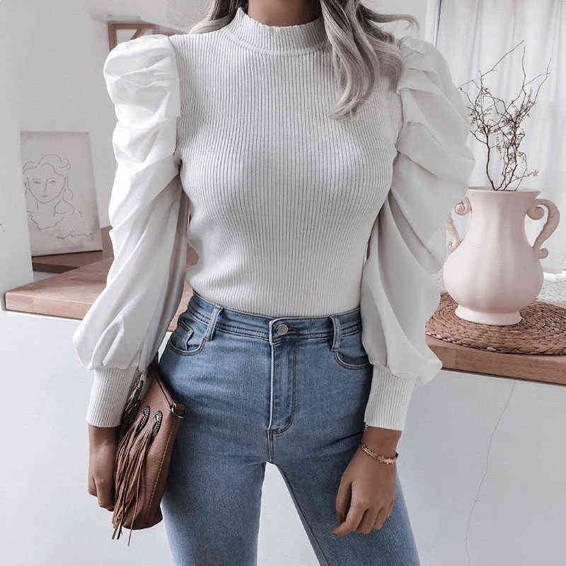 

Women Shirts Blouses 2021 Spring Cotton Elegant Puff Sleeve Sweater Casual Solid Color Round Neck Women' Blouse Pullover Y1110, White