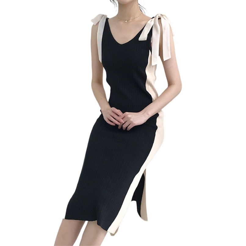 

Fashion women's dress summer temperament V-neck color matching bow split hip skirt thin waist 210520, Black