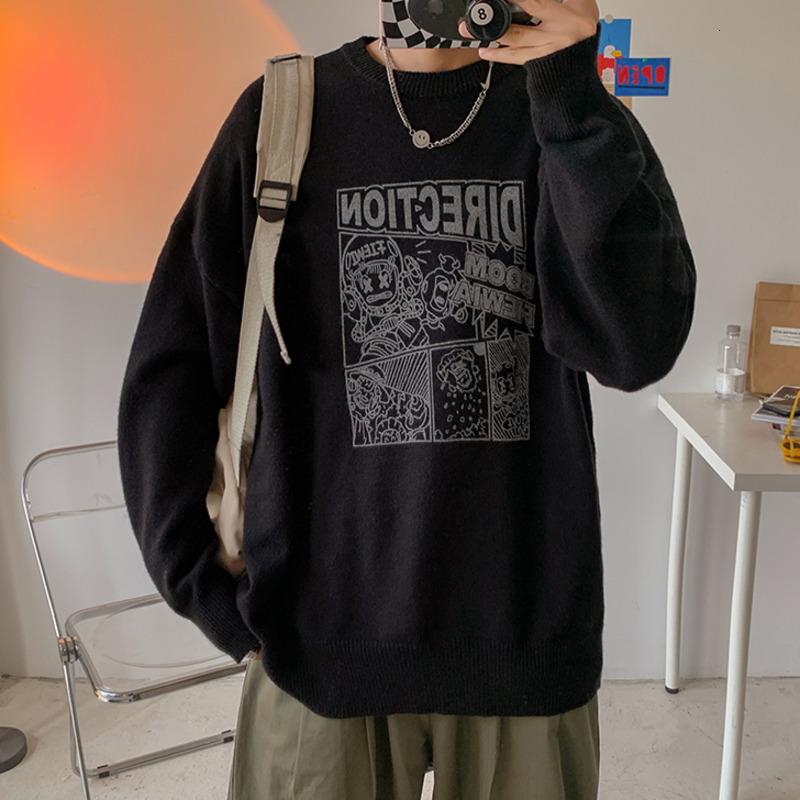 

Men's Sweaters Hybskr 2021 Autumn Winter Anime Loose Fashion Knitted Pullovers Harajuku Vintage Male Casual O-neck Knitwear, White;black