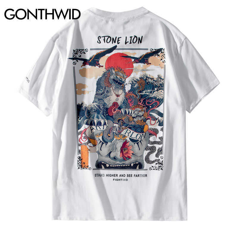 

GONTHWID Chinese Stone Lion Printed Streetwear T Shirts Mens Harajuku Hip Hop Casual Street Tees Male Cotton Tshirts Tops 210629, Pink