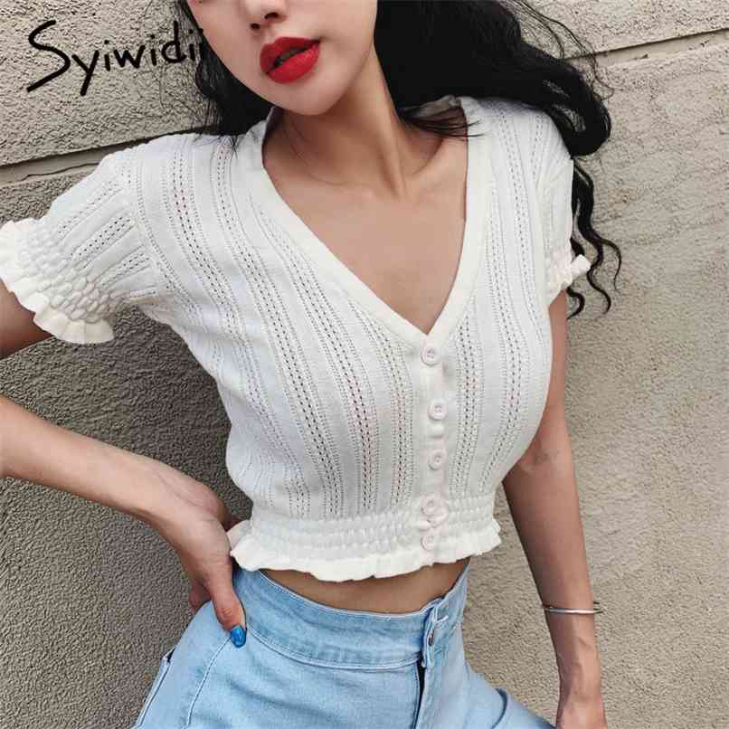 

Knitted T Shirts for Women Clothing White Red Black Sexy Crop Tops Short Puff Sleeve V-Neck Skinny Tshirts Summer 210607