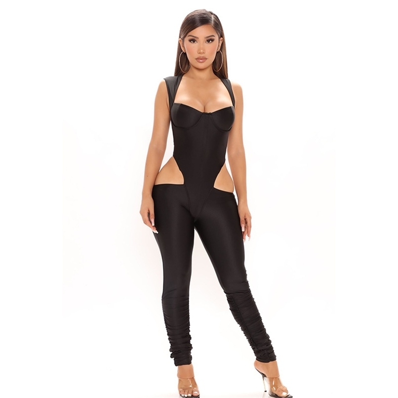 

Sexy Party Club Jumpsuit Summer Square Collar Sleeveless Hollow Out Zipper Bodycon Rompers Overalls Women Streetwears 210525, Khaki