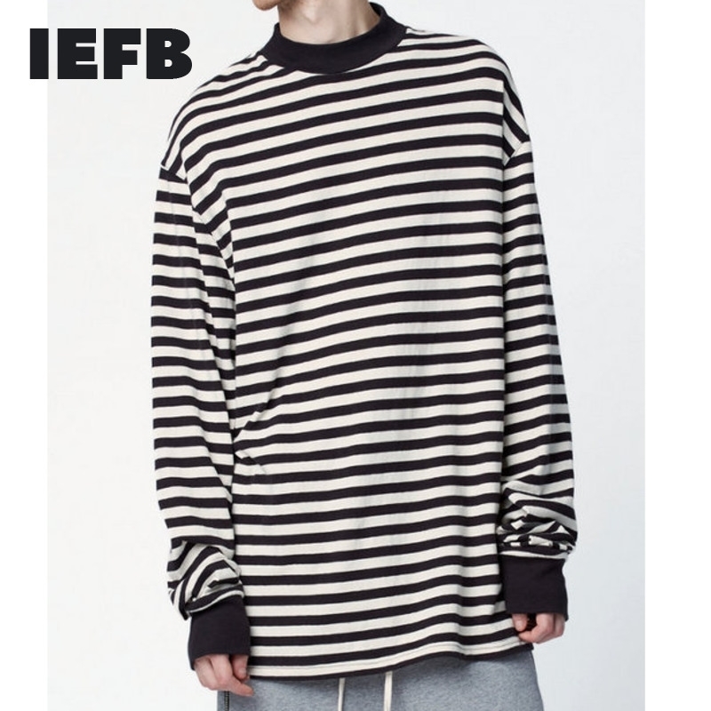 

IEFB High Neck Black White Stripe Long Sleeve Same Oversize T-shirts For Men Spring Fashion Casual Pullover Tops 9Y5009 210524, Striped