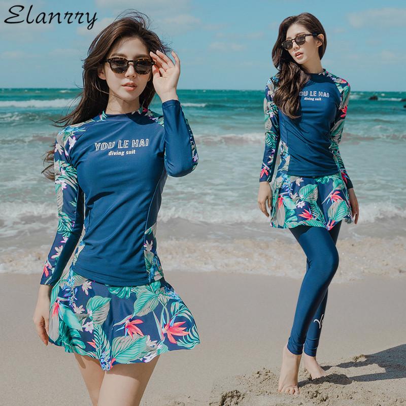 

Est Women Sport Swim Suit Print Padded Beach Wear 3 Pieces Bathing Long Sleeves+Long Pants Surfing One-Piece Suits