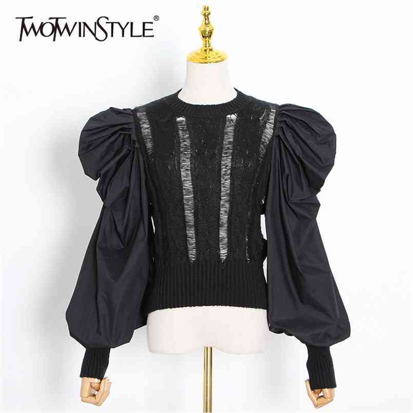 

Casual Patchwork Knitted Tops For Women O Neck Long Sleeve Elegant Solid Sweaters Female Fashion Clothing 210524, Black