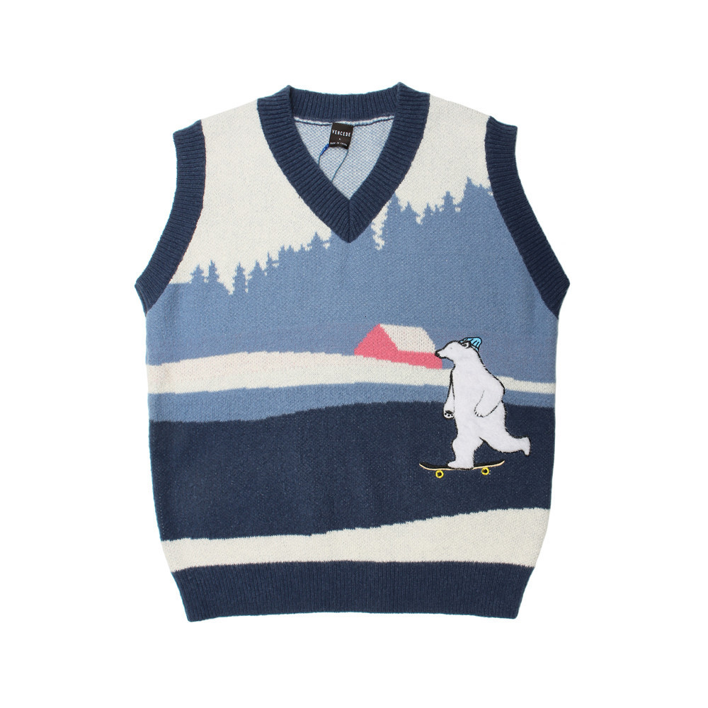 

Men's Vests men polar vest bear embroidered fashion drop sleeveless v-neck winter sweater knitted or crocheted U323, 1# shoe box