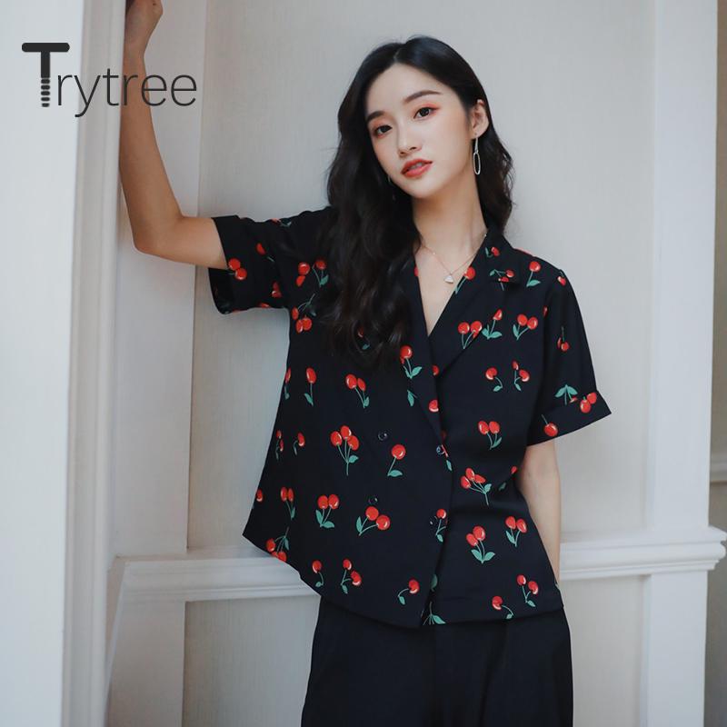 

Trytree 2021 Summer Women Casual Blouse Turn-down Collar Print Fashion Temperament Loose Vintage All-Purpose Style Tops Women's Blouses & Sh, White