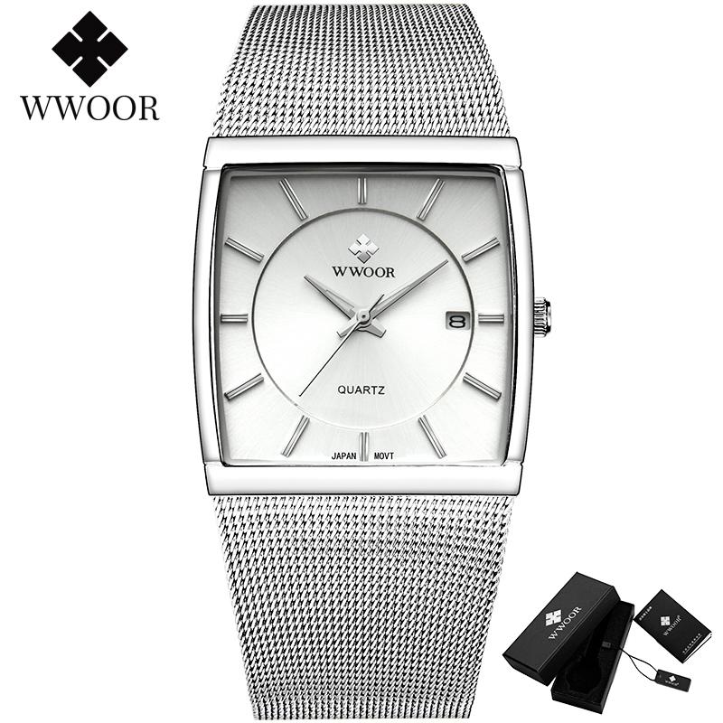 

Wristwatches Reloj Hombre WWOOR Men Square Watches Slim White Watch Steel Mesh Waterproof Business Date Quartz Wrist Gift Male Xfcs, Slivery;brown