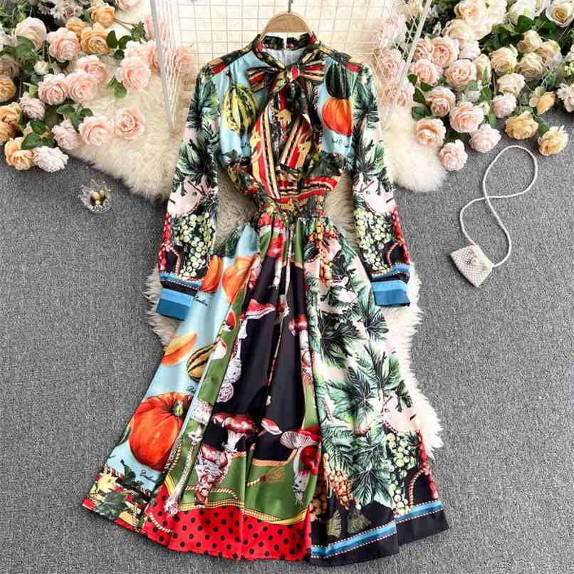 

Design Hawaiian style Print Women Elegant A-line Dress Bowknot Collar High waist Street Casual Holiday Plus Size M-XXL 210602, Green