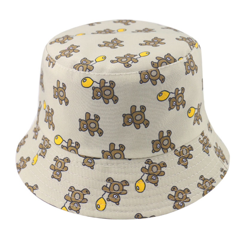 

Summer New Cute Cartoon Colorful Bear Printed Pattern Bucket Hat Reversible Sun-Proof Basin, Beige bear
