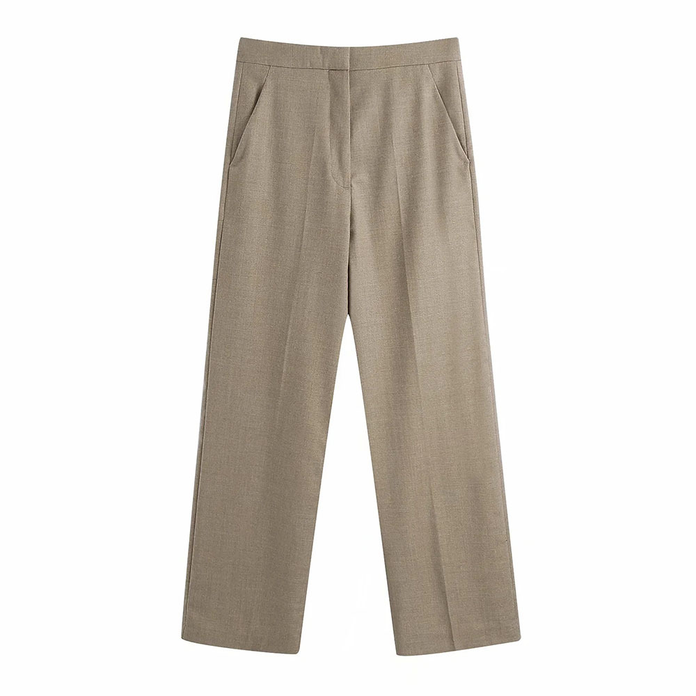 

Women Elegant Fashion Khaki High Waist Straight Pants Vintage Zipper Fly Side Pockets Trousers Casual Pantalones 210520