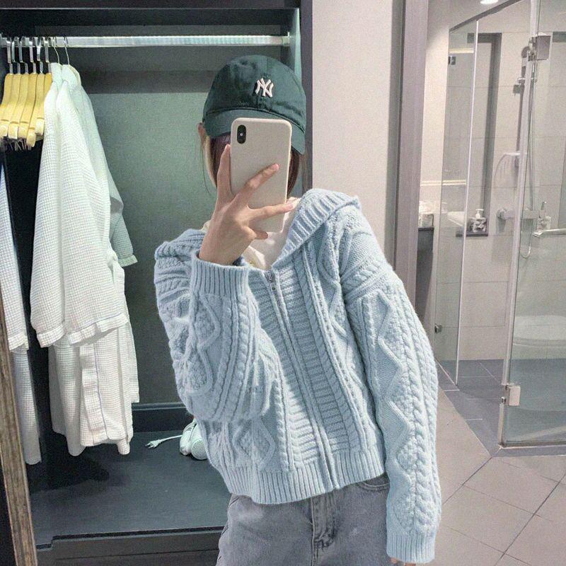 

Women's Knits & Tees Fresh Sweet Preppy Style Autumn Solid Short Hooded Cardigan Coat Loose Twist Zipper Sweater Knitted Top Pull Fashion Cl, White