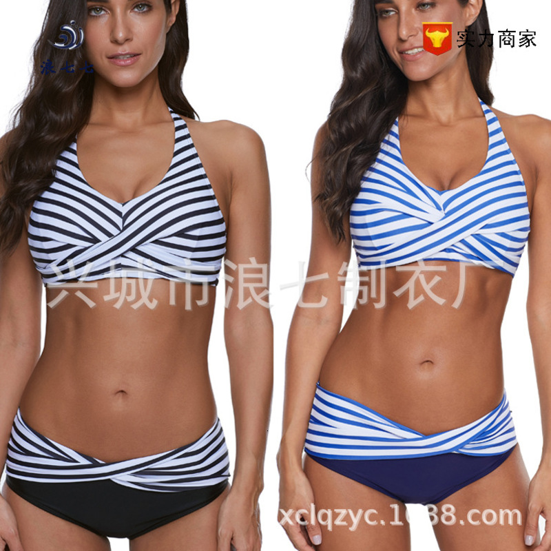 

women's gathering bikini navy blue bar fashion split swimsuit, Black;white