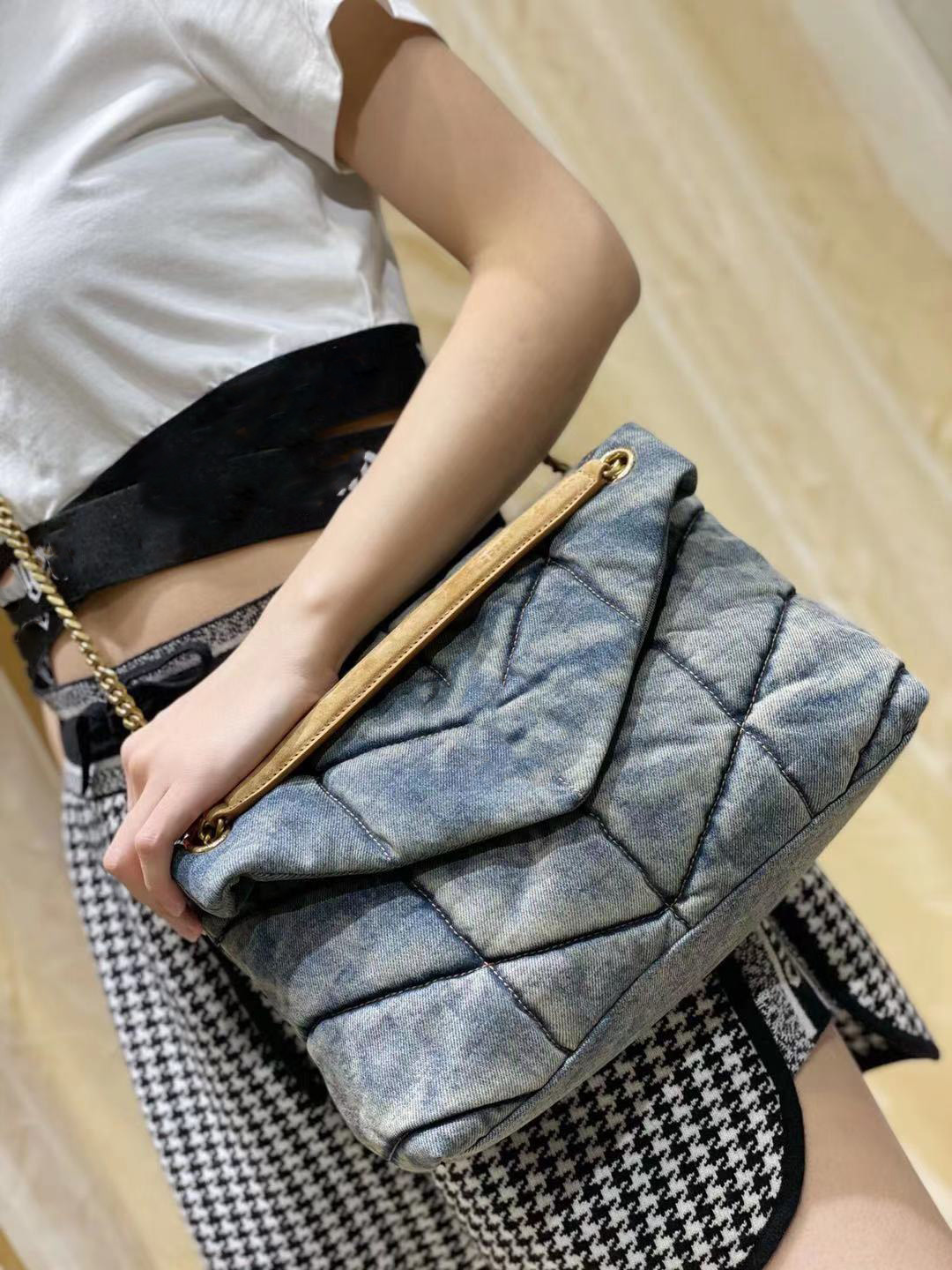 

LOULOU puffer Denim Jeans 577476 Shoulder Bag Women Tote Handbag Purse Frosted cowhide Cowboy Crossbody Bags Detchable Strap Flap Messenger HandBags, Gift bags