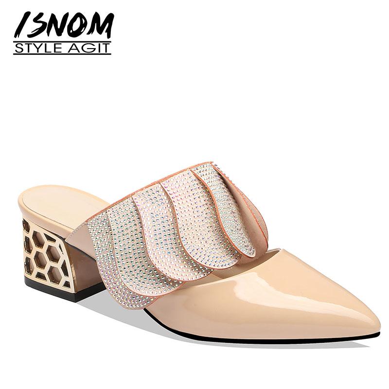 

Slippers ISNOM Patent Leather Women Crystal 2021 Slides Shoes Woman Summer Strange Style Mules Female Pointed Toe, Black