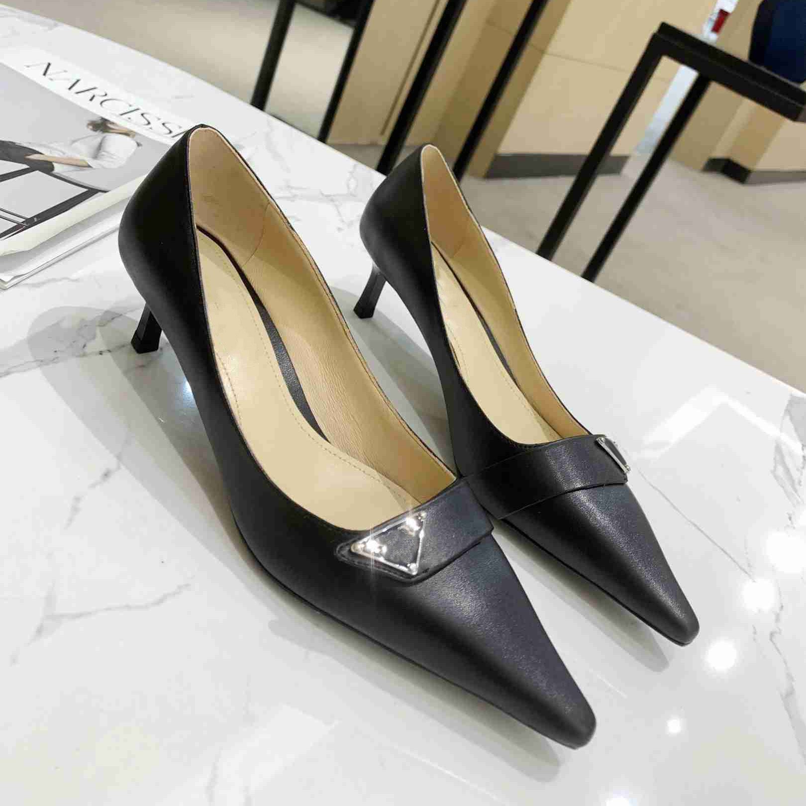 

2021 women shoe dress shoes spring and fall black leather pointed toes pumps outdoor bottoms size 34-40 with box