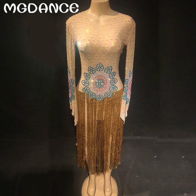 

Casual Dresses Mesh Gold Tassel Dress Evening Party Sexy Perspective Birthday Celebrate Costume Singer Performance