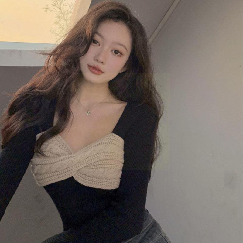 

Women's Sweaters Women Long Sleeve Sweater Black White Square Collar Autumn Slim Bottoming Spring Top Elastic D5I5, White;black