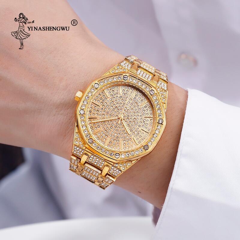 

Wristwatches Fashion Luxury Rhinestone Gold Watch For Men Brand Date Quartz Men's Calendar Business Watches Clock Relojes Hombre