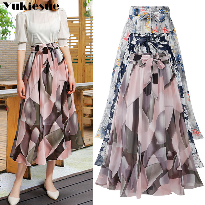 

Plus Size floral Print Skirts Womens Spring chiffon A Line Pleated Long Skirt Casual High Waist Maxi Skirts Woman Streetwear 210519, Pink
