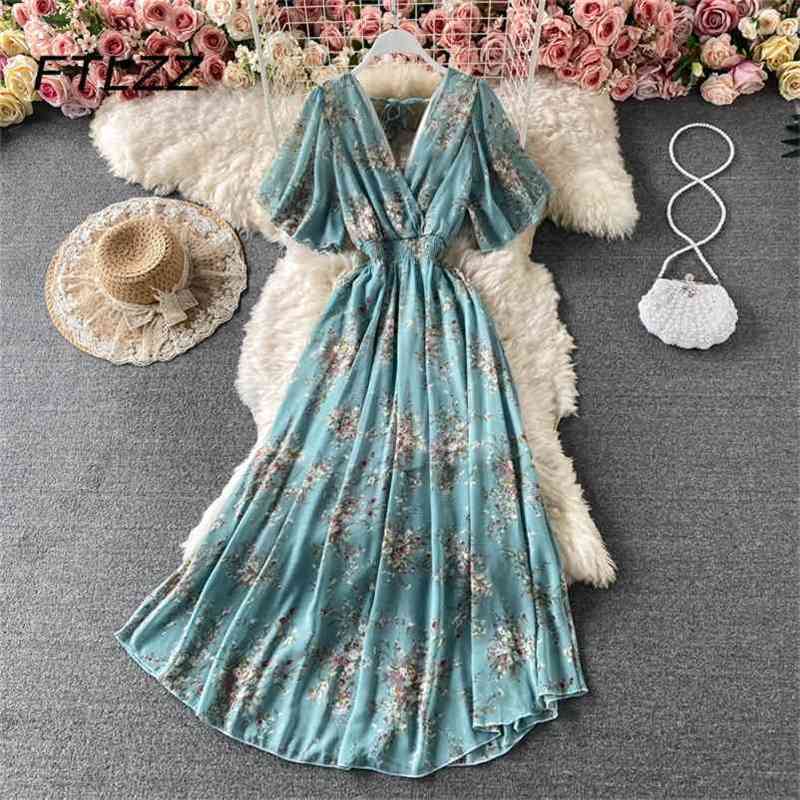 

Women Retro Floral Dress Summer Short Sleeve Sexy Backless Bandage V Neck Chiffon Dresses Woman Boho Style Long Robe Vestidos 210602, Black white flower
