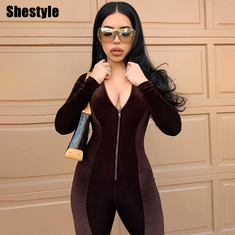 

Shestyle 2021 Autumn Velvet Jumpsuits Women Sexy Zipper Bodycon Patchwork Slim Mock Neck Elegant Stunning Jumpsuit Fitted Outfit, Black