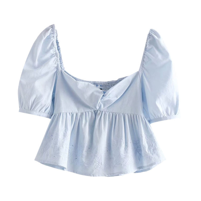 

Women Sweet Fashion Embroidery Ruffles Cropped Blouses Vintage Puff Sleeve Back Elastic Female Shirts Chic Tops 210521, As picture1