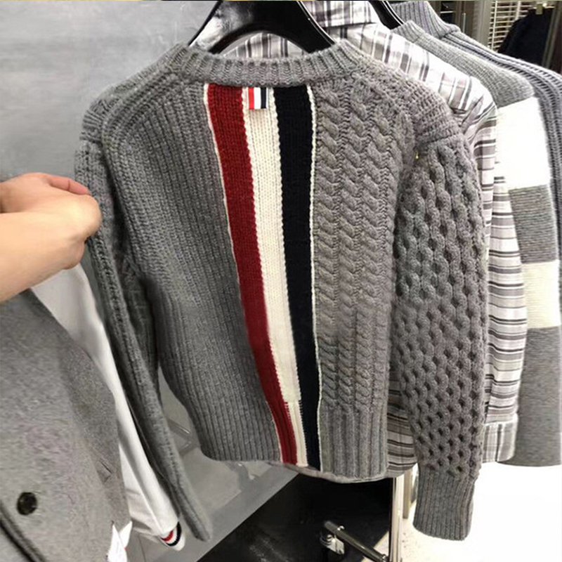 

2020 Fashion TB THOM Brand Sweaters Men Loose O-Neck Pullovers Clothing Striped Spliced Wool Thick Winter Casual Coat, White;black